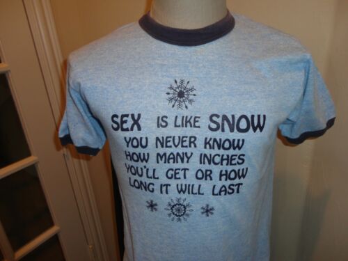 Vtg 80's Blue RINGER RAYON Tri-Blend  50-38-12 SEX Is Like SNOW T-shirt Fits M - Picture 1 of 9