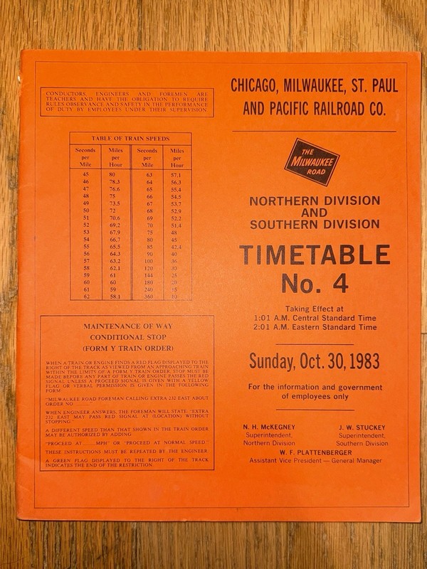 MILWAUKEE ROAD CMStP&P RAILROAD ETT TIMETABLE NORTHERN & SOUTHERN DIVS. #4 1983.