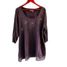 LOGO Lori Goldstein Beaded Floral Tunic Top Womens 2X Purple 3/4 Sleeve