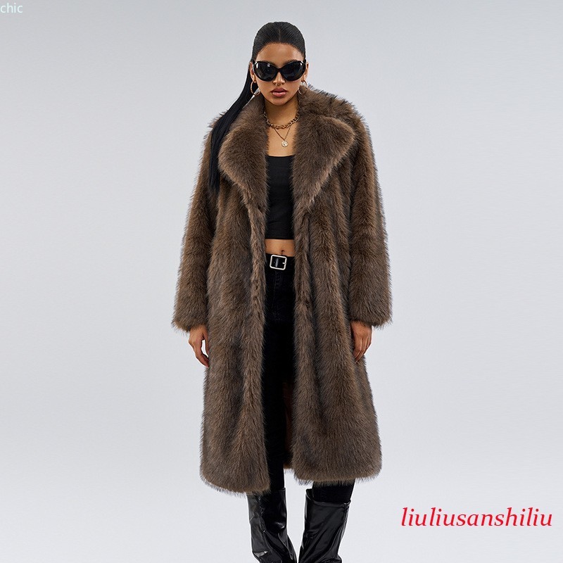 Occident Womens Lapel Collar Fox Fur Coat Long Faux Fur Overcoat Winter Loose Sz