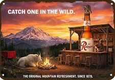 1975 RAINIER Beer Giant Bottle & Mt. Goat & Racoon Art DECORATIVE METAL BAR SIGN