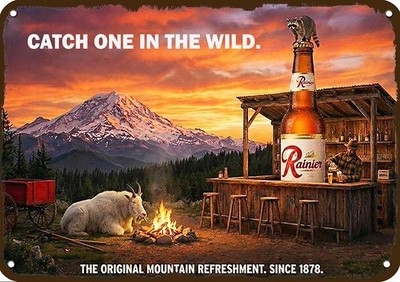 1975 RAINIER Beer Giant Bottle & Mt. Goat & Racoon Art DECORATIVE METAL BAR SIGN