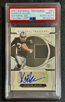 #ad 2021 MARCUS ALLEN AUTO PANINI NATIONAL TREASURES #MA PLAYER WORN PSA 9 MT 17 99 $100.00