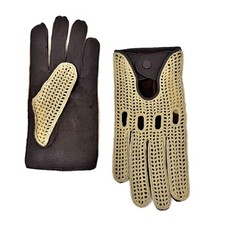 Vintage Stringback Driving Gloves Womens S/M Brown Leather  Cotton Crochet