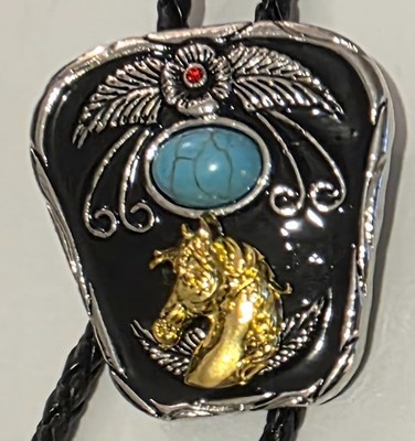 Vintage Metal Bolo Tie, Nice Silver with Nice Red Stone and Horse Head Design