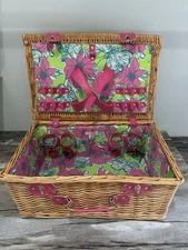 Limited Lilly Pulitzer Large Brown Wicker Picnic Basket Green Pink Bloomin Caco