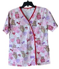 White Cross Valentine Scrub Top Women s Sz. Small Bears Hearts Cute