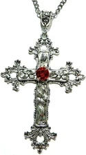 Large Gothic Cross Necklace Silver-Tone Pendant with Glass Stone, on 24" Steel C