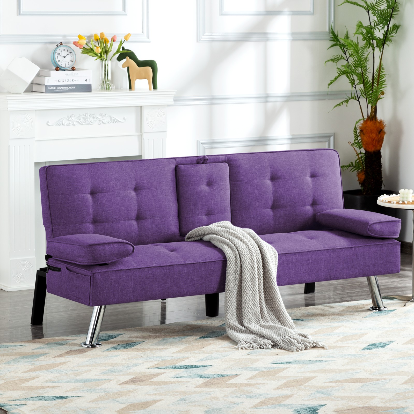 65.3" Modern Futon Sleeper Sofa Bed w/ Cup Holder Adjustable Back Storage Pocket