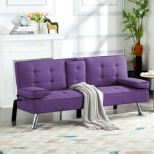 65.3" Modern Futon Sleeper Sofa Bed w/ Cup Holder Adjustable Back Storage Pocket