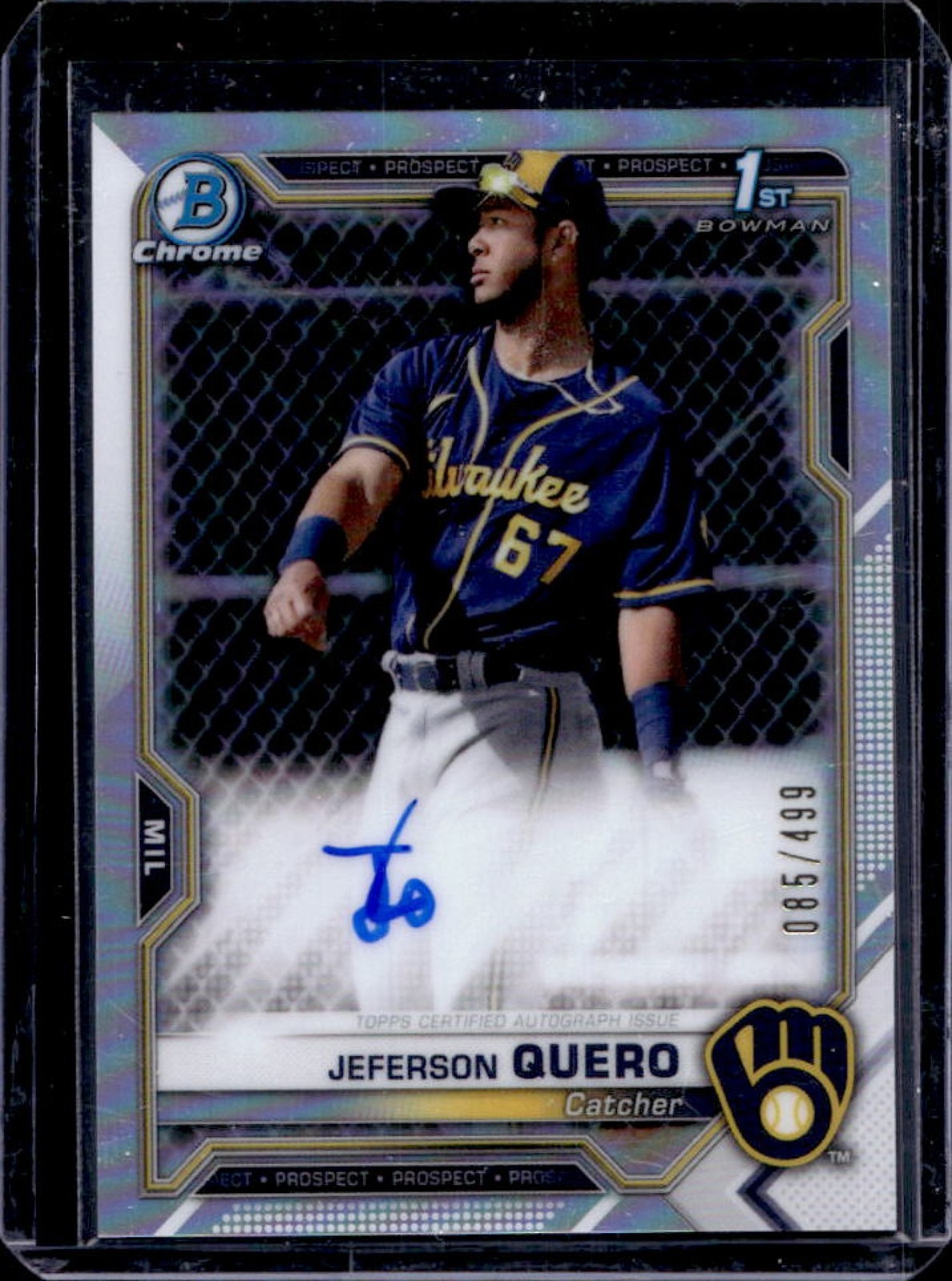 2021 Bowman Chrome Jeferson Quero Auto Refractor 1st Prospect #85/499 Brewers