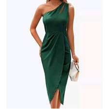PRETTYGARDEN Green Asymmetrical One Shoulder Ruched Bodycon Midi Cocktail Dress
