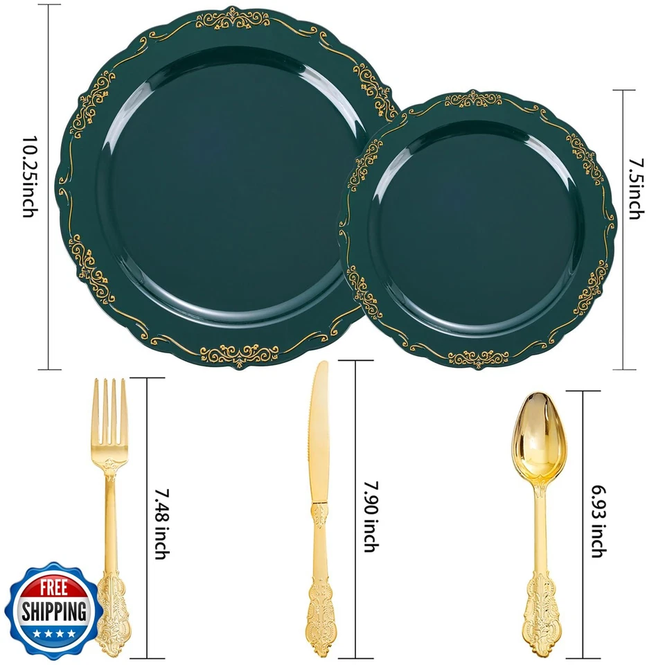 DaYammi 150Pcs Green Plastic Plates with Gold Silverware,Christmas Disposable - Image 3 of 4