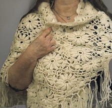 Vintage 1970s Handmade Cream Crochet Shawl Floral Fringe Bridal Heirloom Wrap