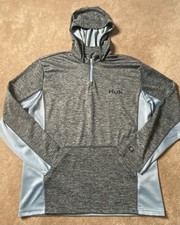 Huk Men's Performance Fishing Hoodie Pocket Medium Heather Grey Sky Blue EUC