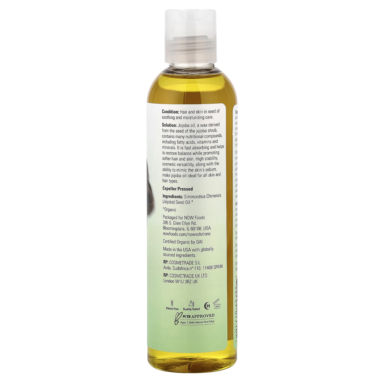 Now Foods Solutions Certified Organic Jojoba Oil 8 fl oz 237 ml Hexane-Free,