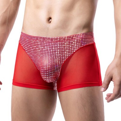 Evankin Mens Sexy Boxer Briefs Glitter Lingerie See Through Mesh Large, Red 