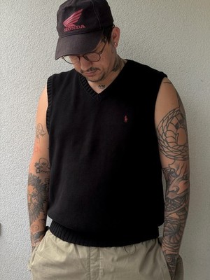Polo Ralph Lauren Vintage Strickweste Herren XL Schwarz V-Ausschnitt Baumwolle