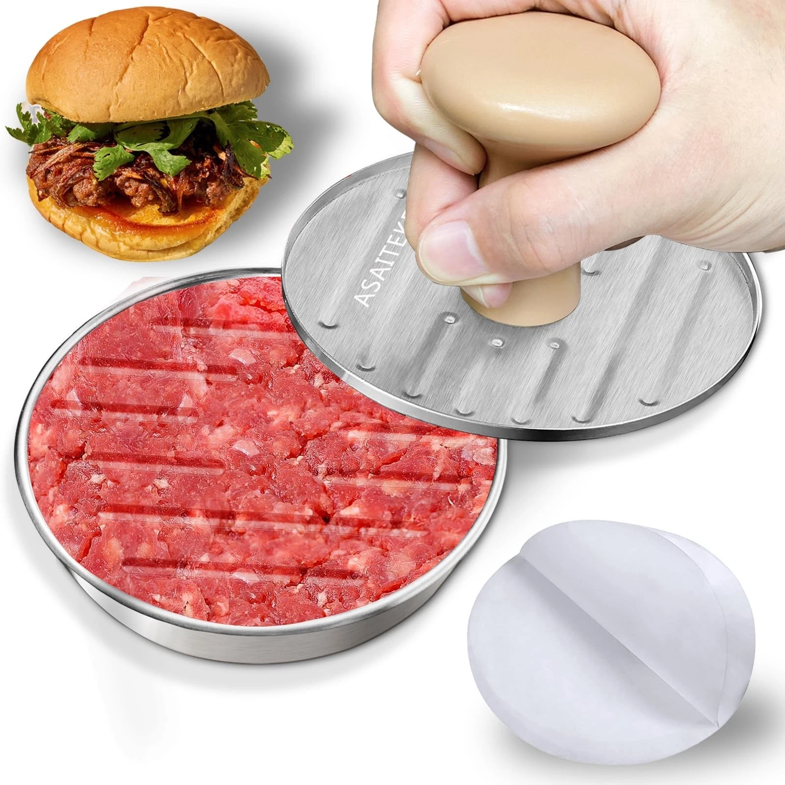 Burger Press, 5”Stainless Steel Hamburger Press Patty Maker, Non-Stick Ham