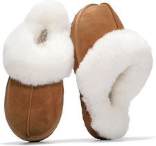 Genuine Leather Slippers for Women with Genuine Fur Lining, Non-Slip Indoor/Outd
