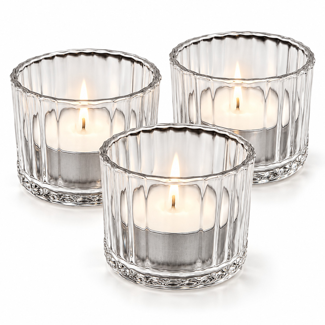 Christmas Glass Tealight Holders Set of 3 with FREE Candles Xmas Table Decor