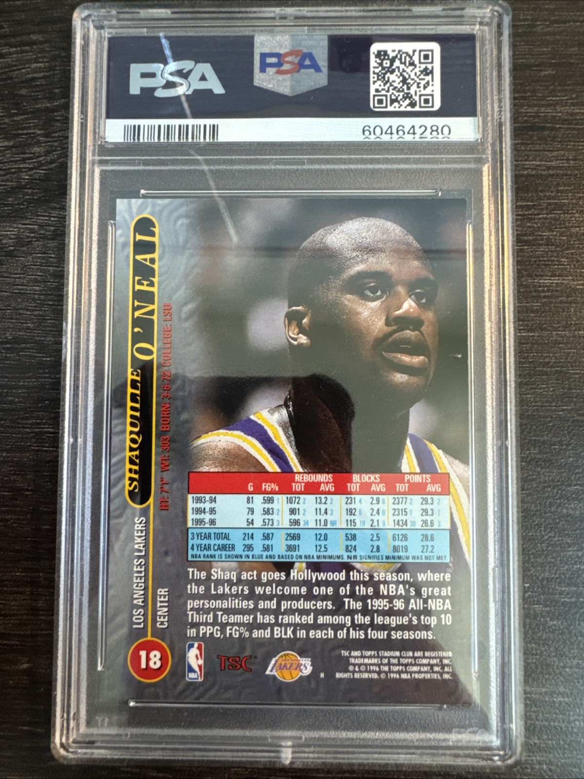 1996-97 Topps Stadium Club - Shaquille O'Neal #18 Tsc Matrix PSA 8 NM-MT view 2