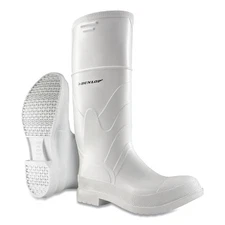 White Rubber Boots, Plain Toe, Men's 7, 16 in Boot, PVC, White Dunlop Protective