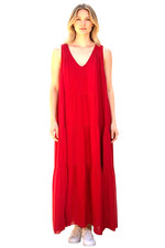 Quince Women 100% Organic Cotton Gauze Tiered Maxi Dress Red Basic Sleeveless L