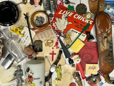 Over 3 Lbs Vintage Antique JUNK DRAWER Lot Gun Strap Baseball Matchbook Dice