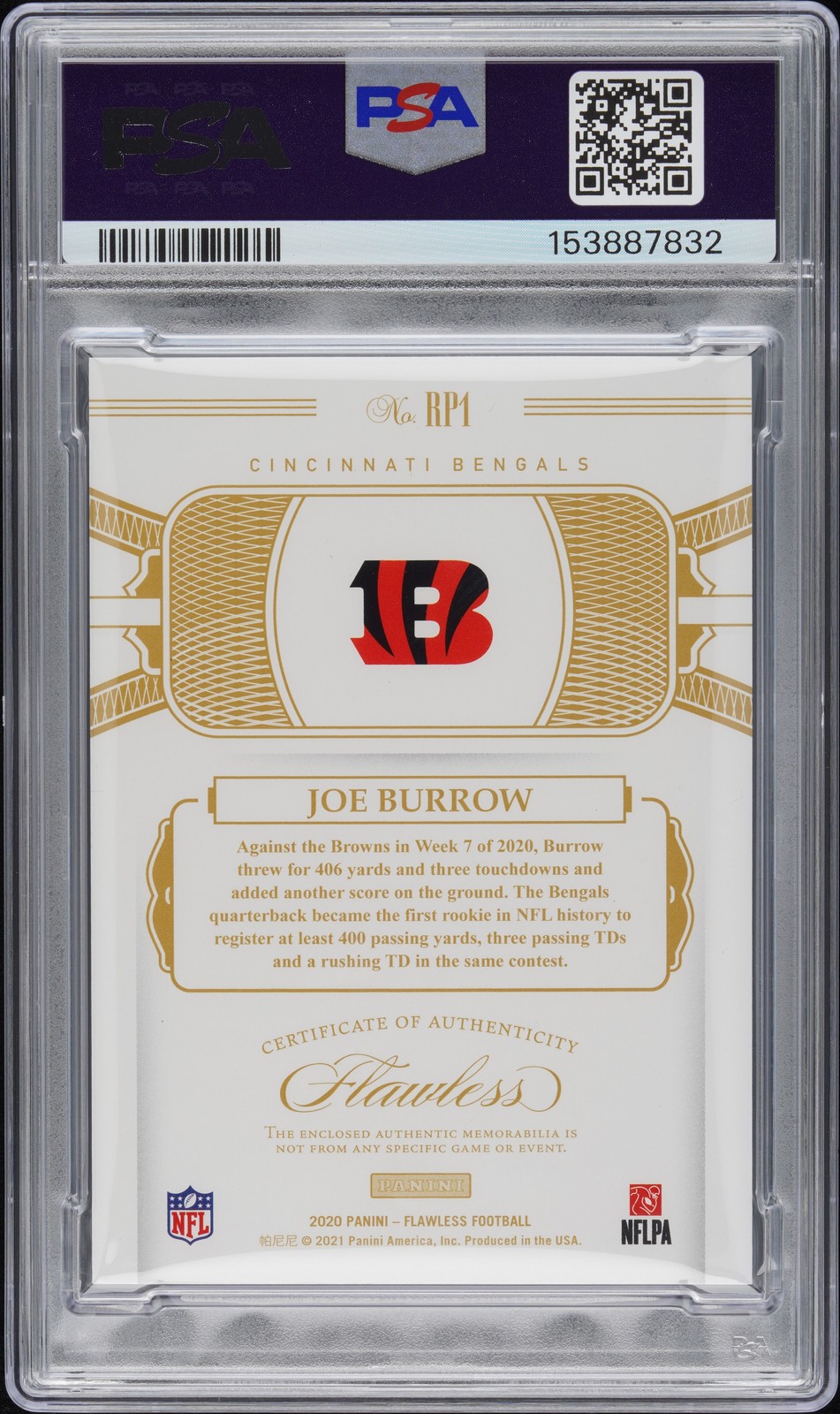 2020 PANINI FLAWLESS ROOKIE PATCHES PLATINUM 1/1 #RP1 JOE BURROW RC 1/1 PSA 9 view 2