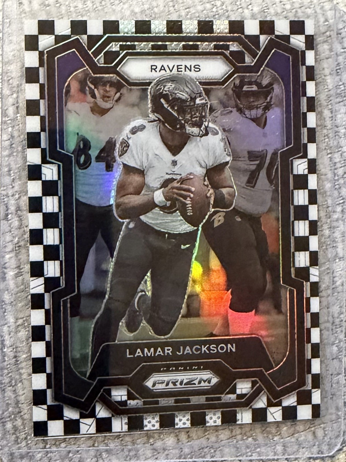 Lamar Jackson 2023 Panini Prizm #18 Black & White Checkerboard Prizm Ravens SP