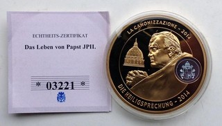 Medaille Das Leben von Papst JPII Heiligsprechung 2014 vergoldet/Hologram