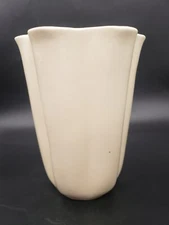 Vintage Mid Century USA Art Pottery Cream Ivory Vase 8.75" Petal Shaped Rim