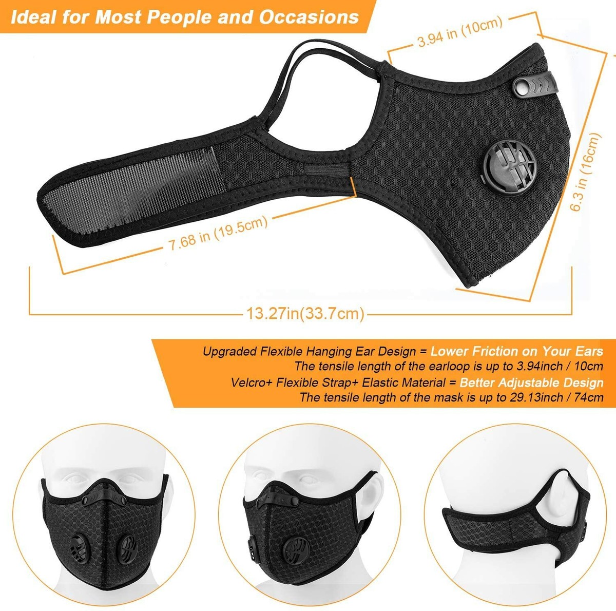 2-Pack Activated Carbon Face Masks With Filter & Valve - Reusable, Black, Unisex For Cycling & Haze