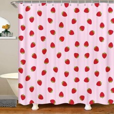 Strawberry Bathroom Shower Curtain Set Girls Pink Cute Fruit Print Shower Cur...