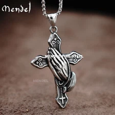 MENDEL Mens Womens Catholic Jesus Prayer Praying Hands Cross Pendant Necklace