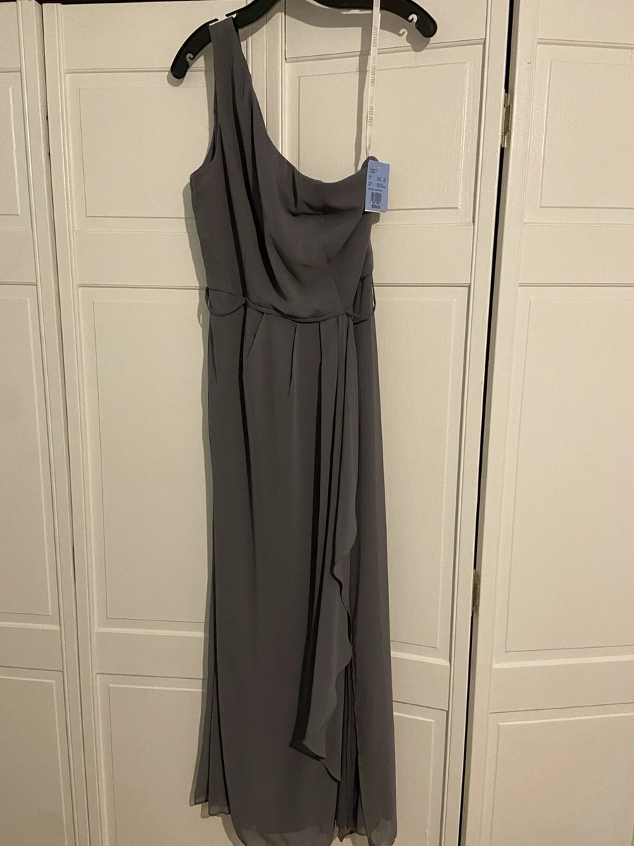 peau de soie bridesmaid dresses Silver Chiffon A-line Lace Appliqued Bridesmaid Dresses With Slit, MBD246 main image 0