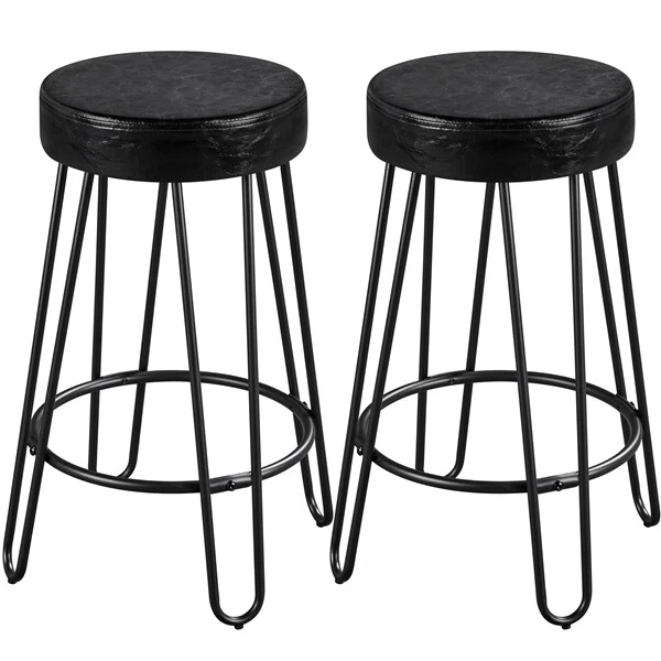 Set of 2 Barstools Velvet Leather Seat Counter Stools Round