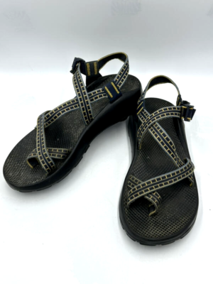 ちゃこ Chaco Mens 12 Navy Yellow Grid Strappy Sandles Adjustable Straps
