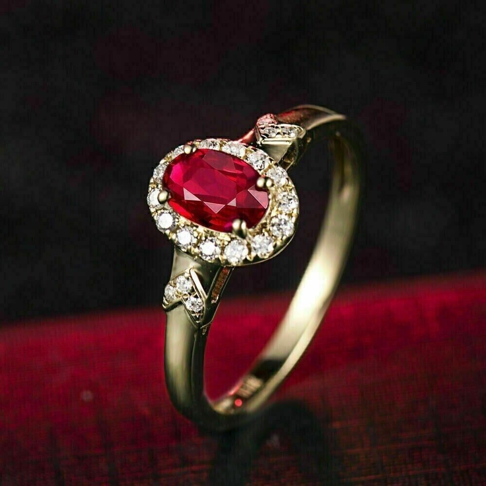 Gorgeous Wedding Band Ring Oval Cut Simulated Red Ruby In 14K Yellow Gold Plated-image