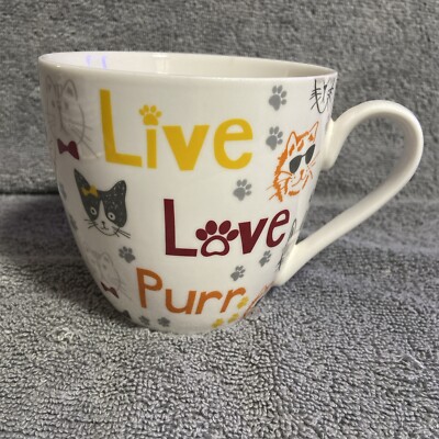 Large Cat China Coffee Mug  Live Love Purr  By Tesco