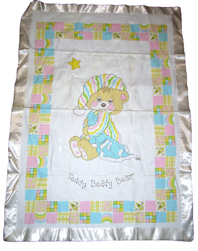 VTG Riegel Teddy Beddy Bear Baby Blanket Satin Trim 36x50" EUC