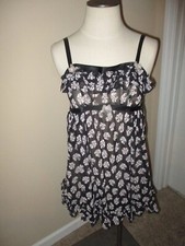 Ladies Betsey Johnson Black Bow Print Ruffles Sheer Nightie Chemise Slip Size M