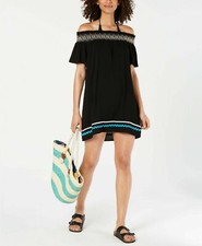 MIken Embroidered Off-The-Shoulder Swimsuit Cover-Up Dress Size Small Black NEW