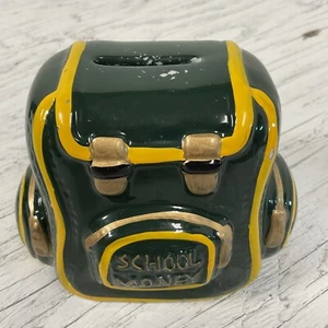 Ceramic School Money Backpack Green & Yellow Bank Piggy Bank Coin Bank