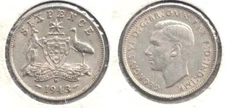 1943-D Australia Silver Six Pence with a Kangaroo and Emu in Almost Uncirculated