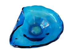  BLUE ART GLASS HAND BLOWN ASHTRAY 6.5" X 6" VINTAGE MCM  BOHO 