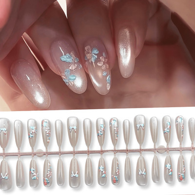 60Pcs Medium Almond Nails, Pearlescent Nude Tone, Colorful Butterfly & Flower