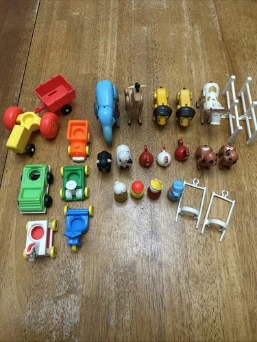 27 Pc Vintage Lot Fisher Price Little People Vehicles People Farm & Zoo Animals