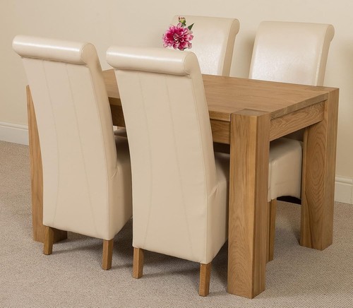 125x80cm Oak Small Dining Table & 4 Ivory Leather Chairs - Compact Set - Picture 10 of 12